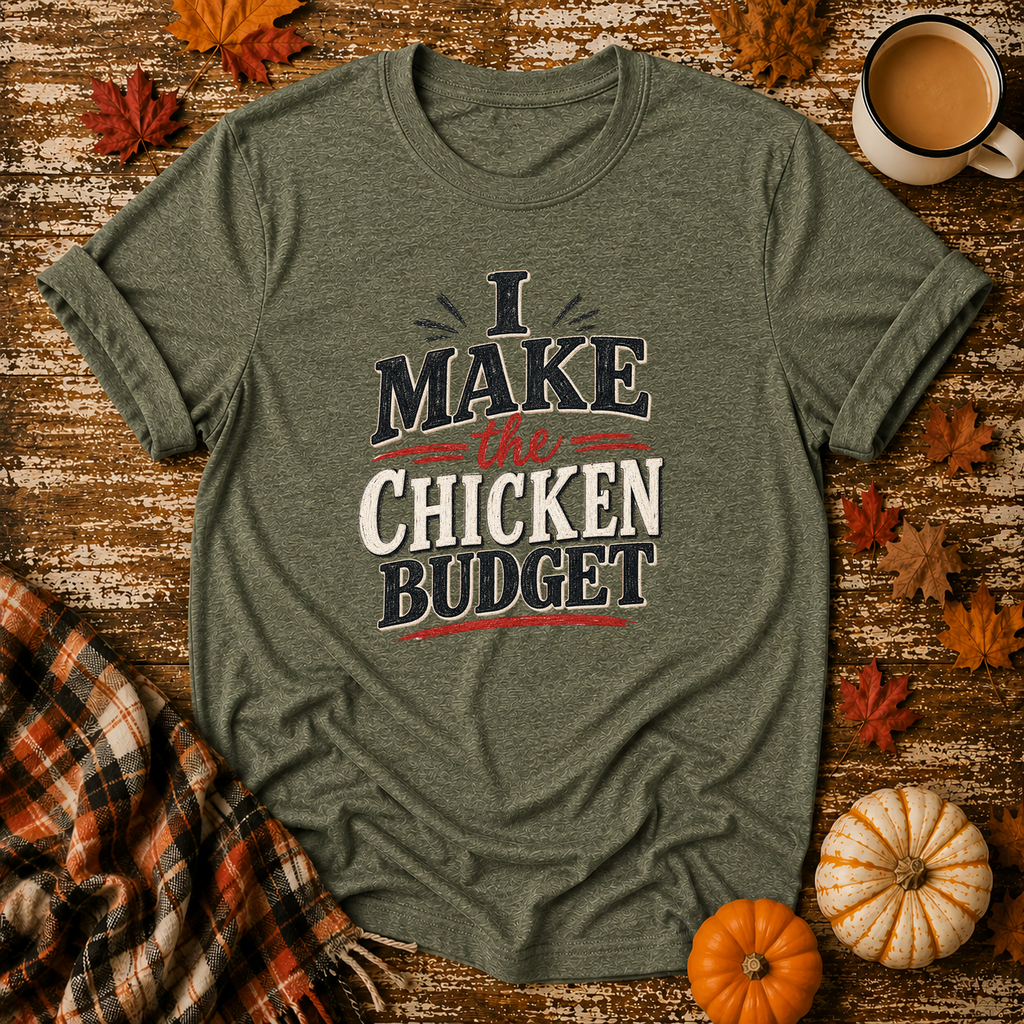 I Make the Chicken Budget T-Shirt in Heather Military Green on Shady Hen Mercantile Fall mockup