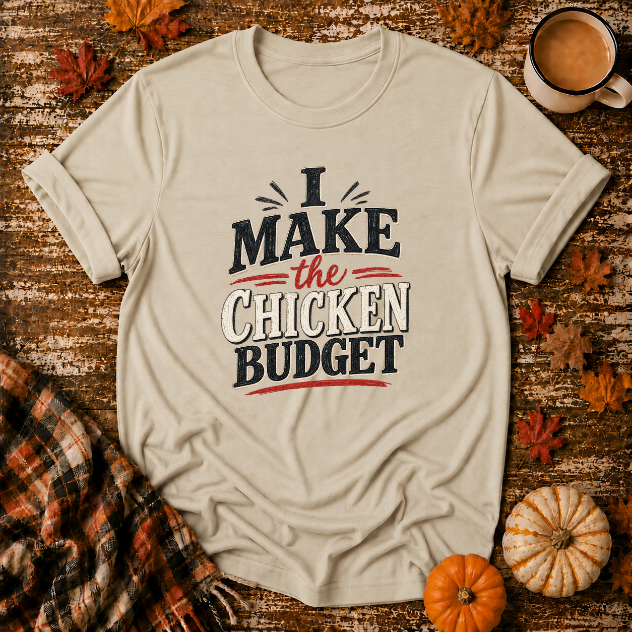 I Make the Chicken Budget T-Shirt in Sand on Shady Hen Mercantile Fall mockup
