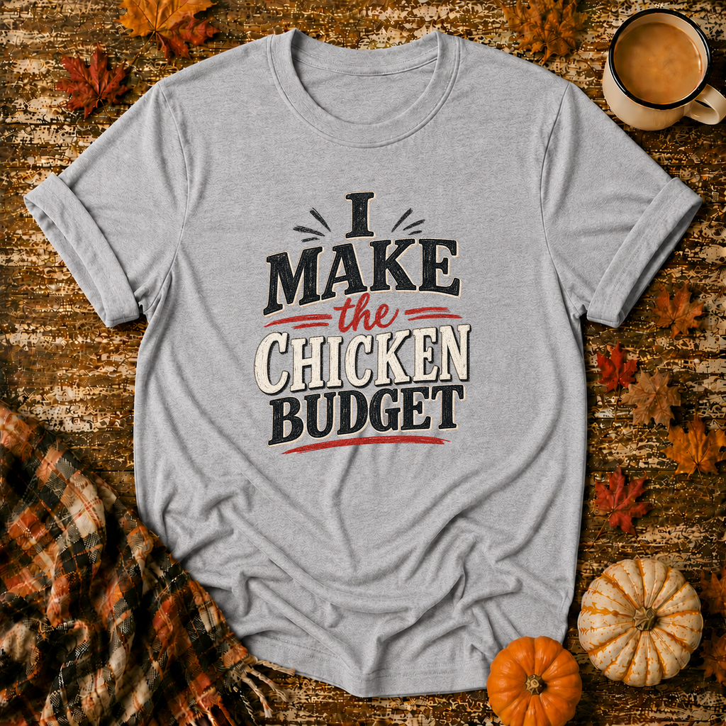 I Make the Chicken Budget T-Shirt in Sport Grey on Shady Hen Mercantile Fall mockup