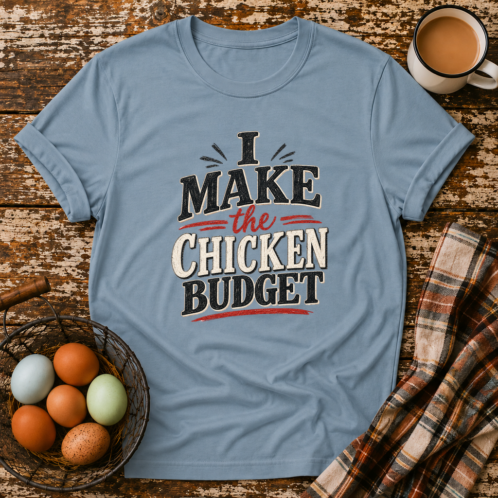 I Make the Chicken Budget T-Shirt in Stone Blue on Shady Hen Mercantile Evergreen mockup