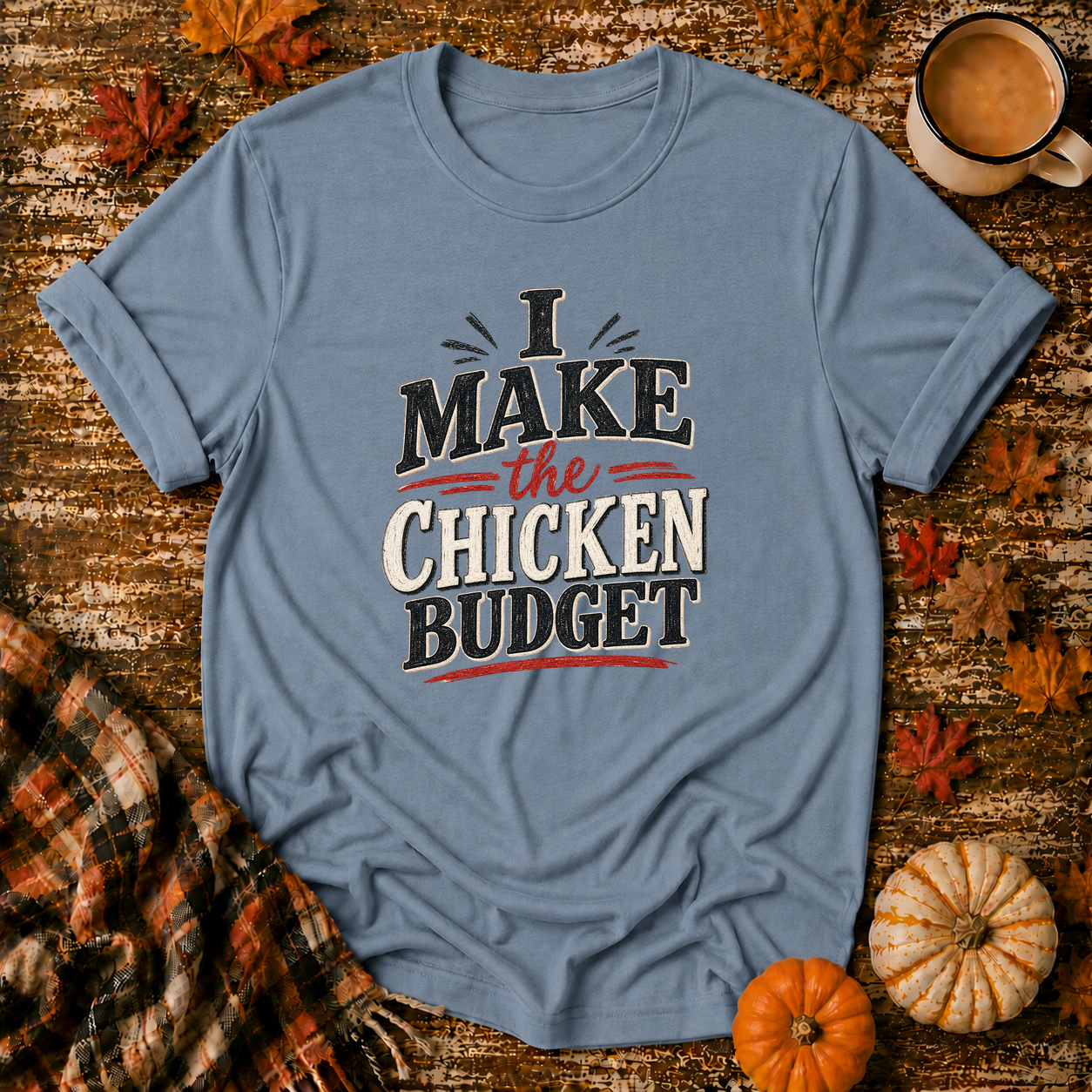 I Make the Chicken Budget T-Shirt in Stone Blue on Shady Hen Mercantile Fall mockup