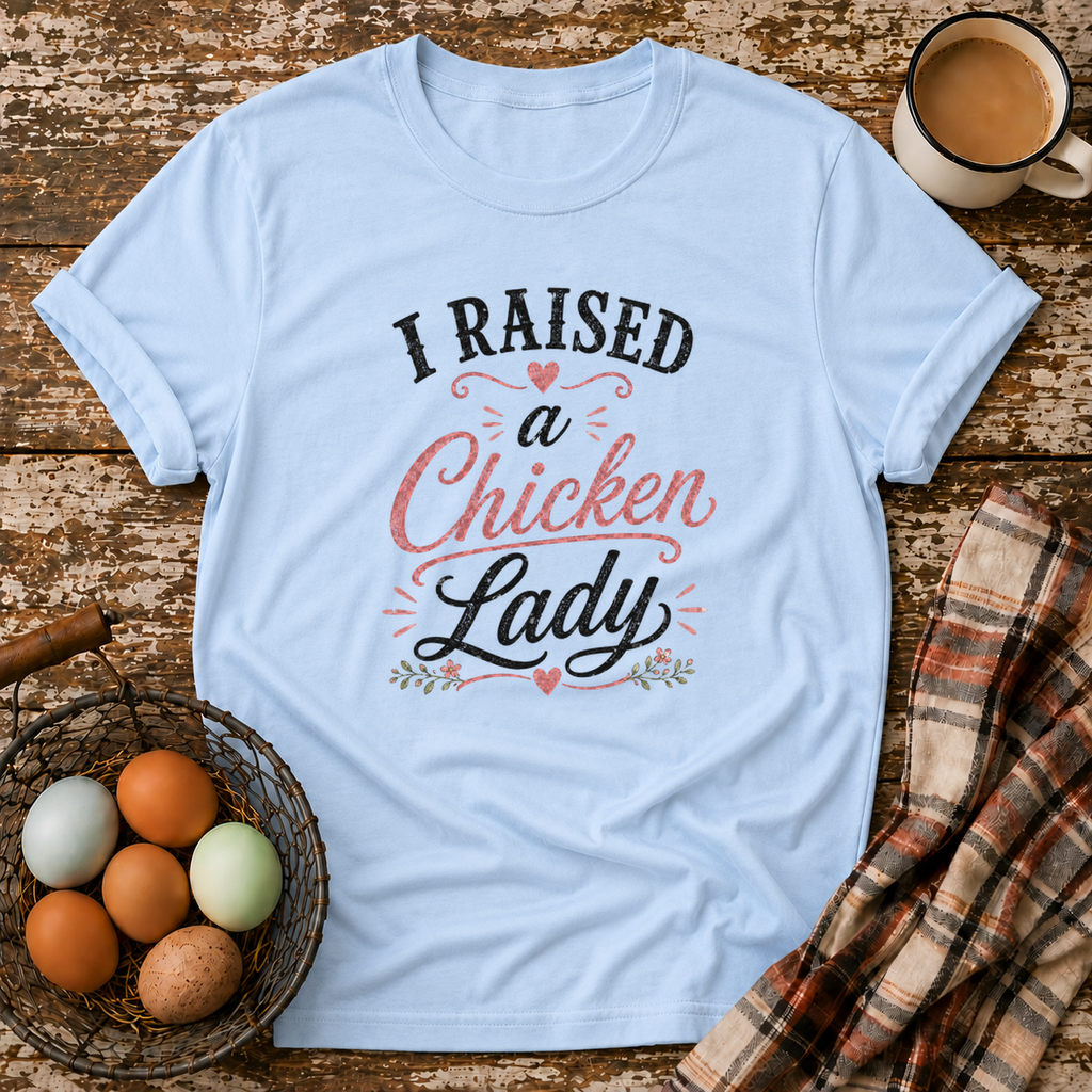 I Raised A Chicken Lady T-Shirt in Light Blue on Shady Hen Mercantile Evergreen mockup