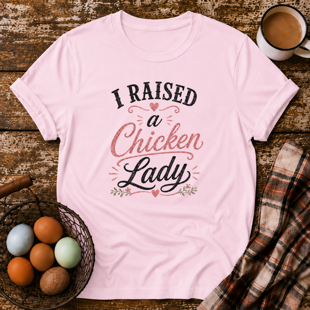 I Raised A Chicken Lady T-Shirt in Light Pink on Shady Hen Mercantile Evergreen mockup