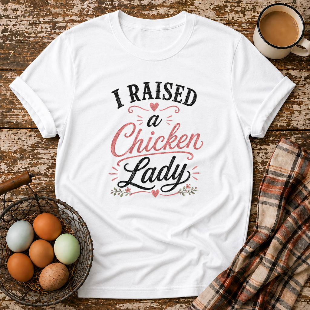 I Raised A Chicken Lady T-Shirt in White on Shady Hen Mercantile Evergreen mockup