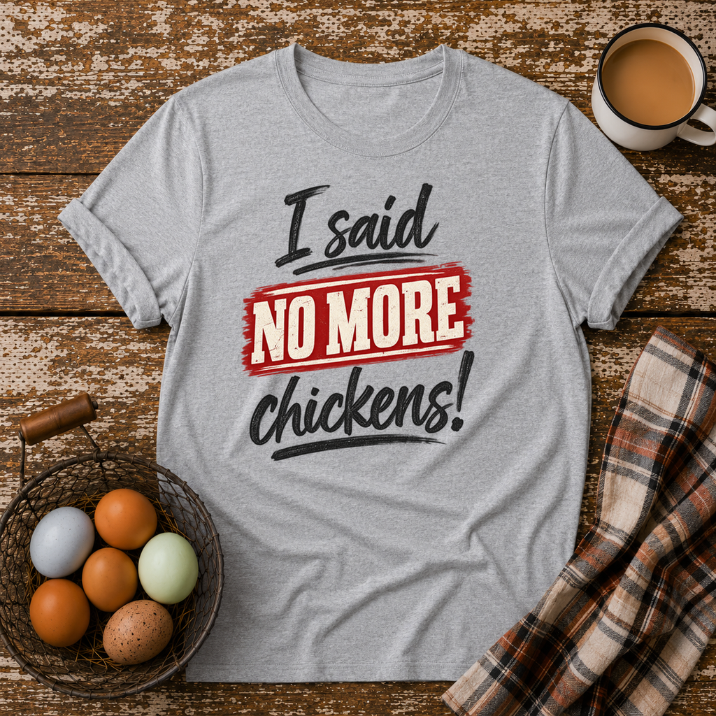 I Said No More Chickens T-Shirt in Sport Grey on Shady Hen Mercantile Evergreen mockup
