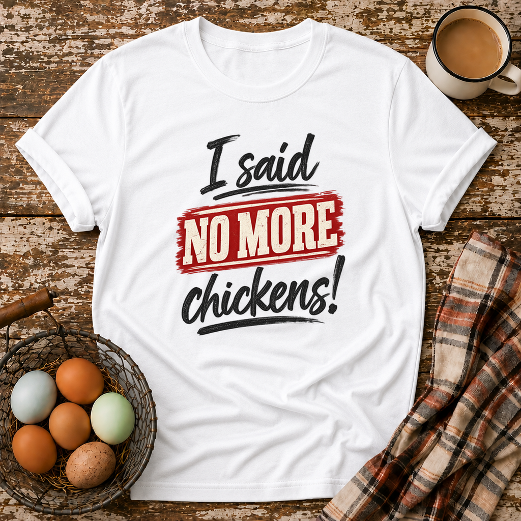 I Said No More Chickens T-Shirt in White on Shady Hen Mercantile Evergreen mockup