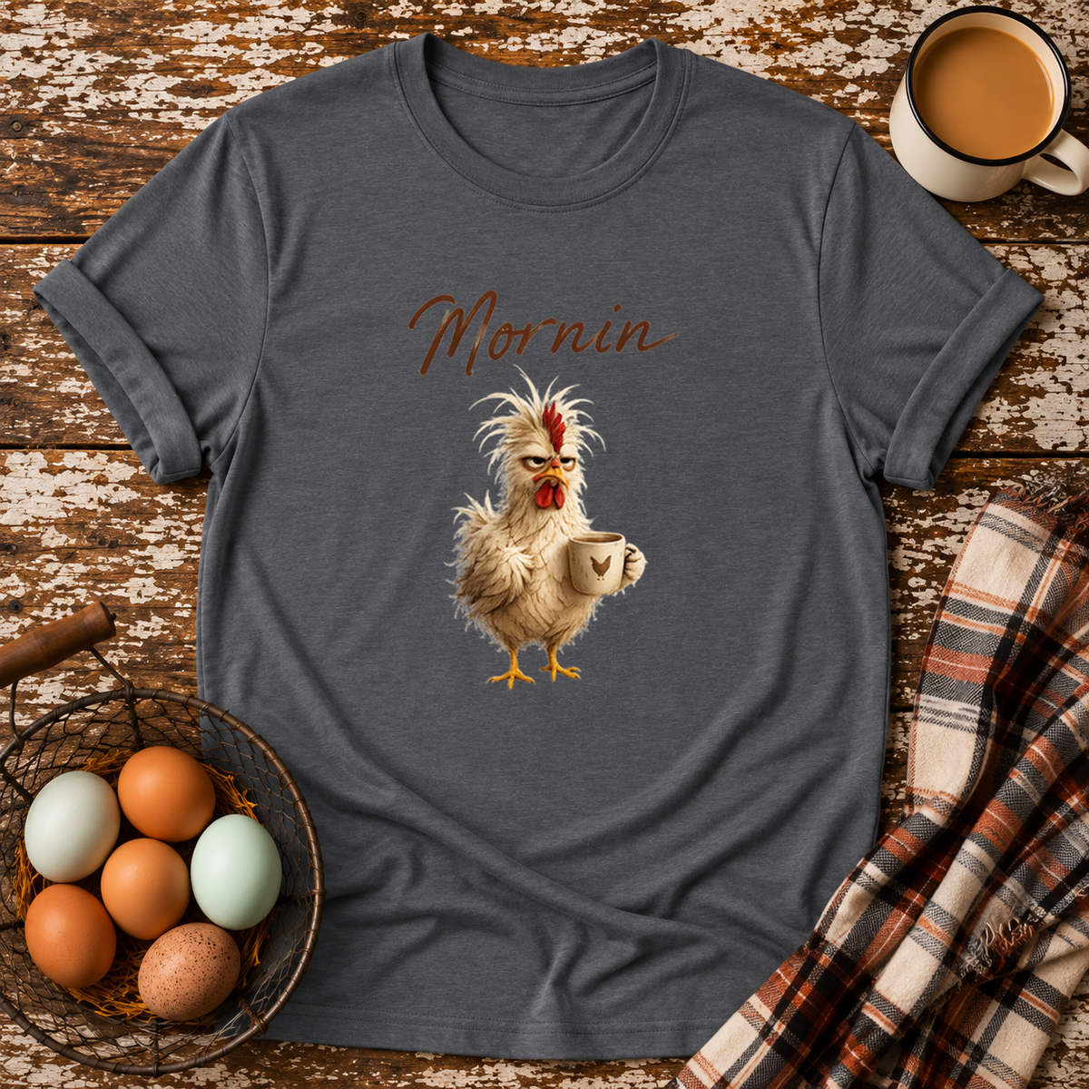 Mornin T-Shirt in Graphite Heather on Shady Hen Mercantile Evergreen mockup