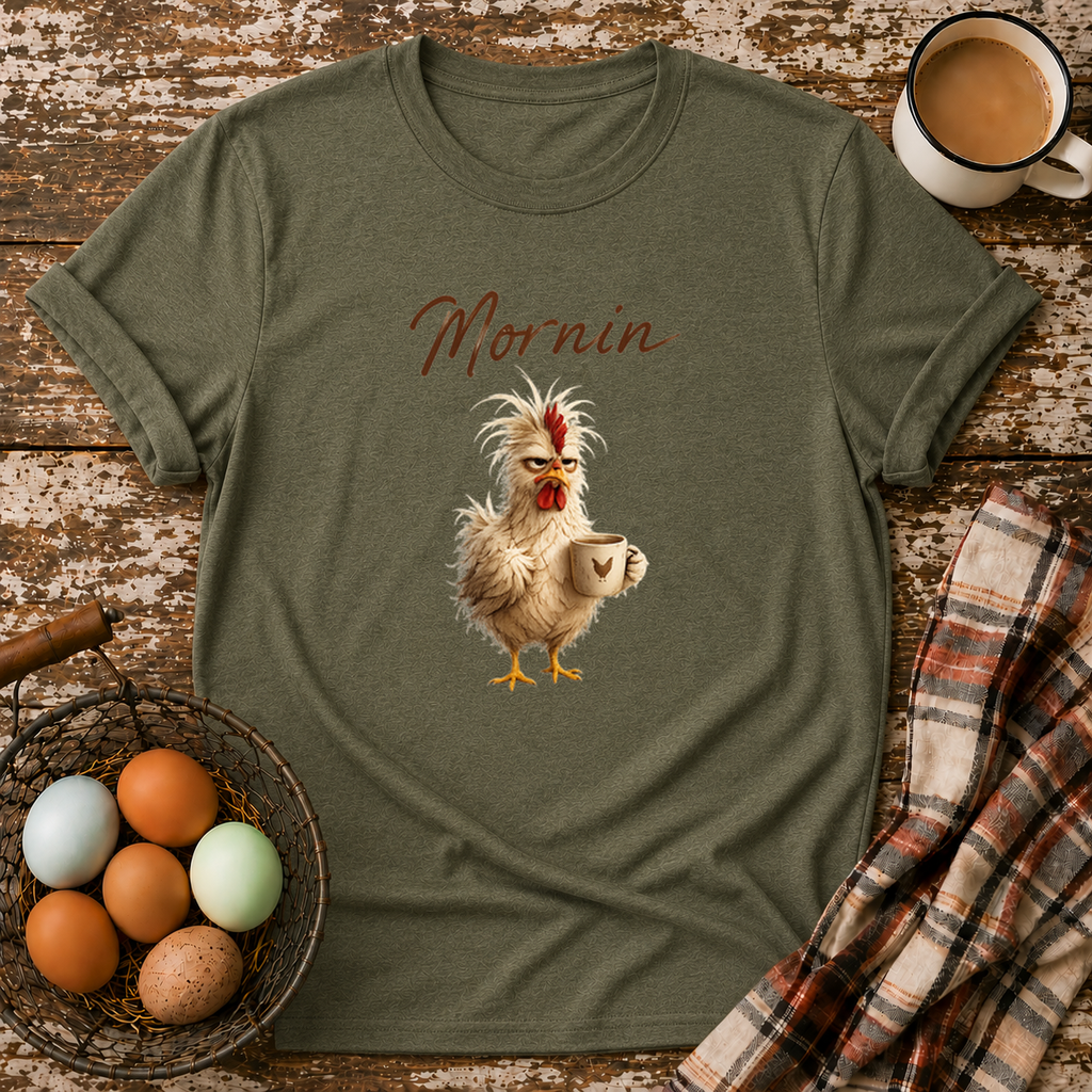Mornin T-Shirt in Heather Military Green on Shady Hen Mercantile Evergreen mockup
