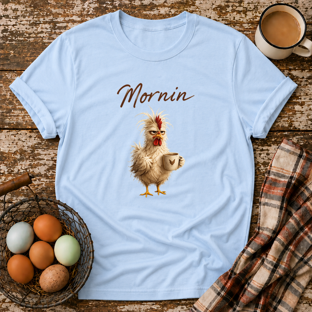 Mornin T-Shirt in Light Blue on Shady Hen Mercantile Evergreen mockup