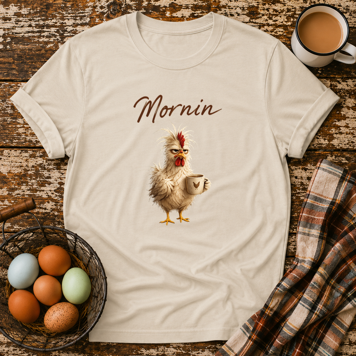 Mornin T-Shirt in Sand on Shady Hen Mercantile Evergreen mockup