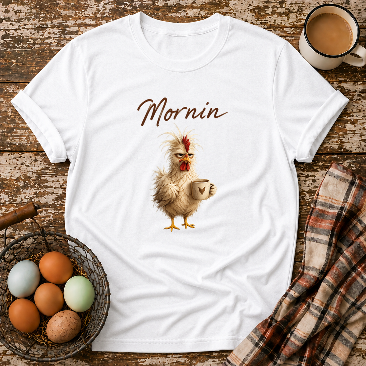 Mornin T-Shirt in White on Shady Hen Mercantile Evergreen mockup