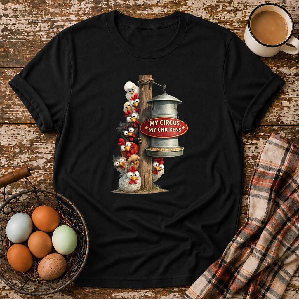 My Circus My Chickens T-Shirt in Black on Shady Hen Mercantile Evergreen mockup
