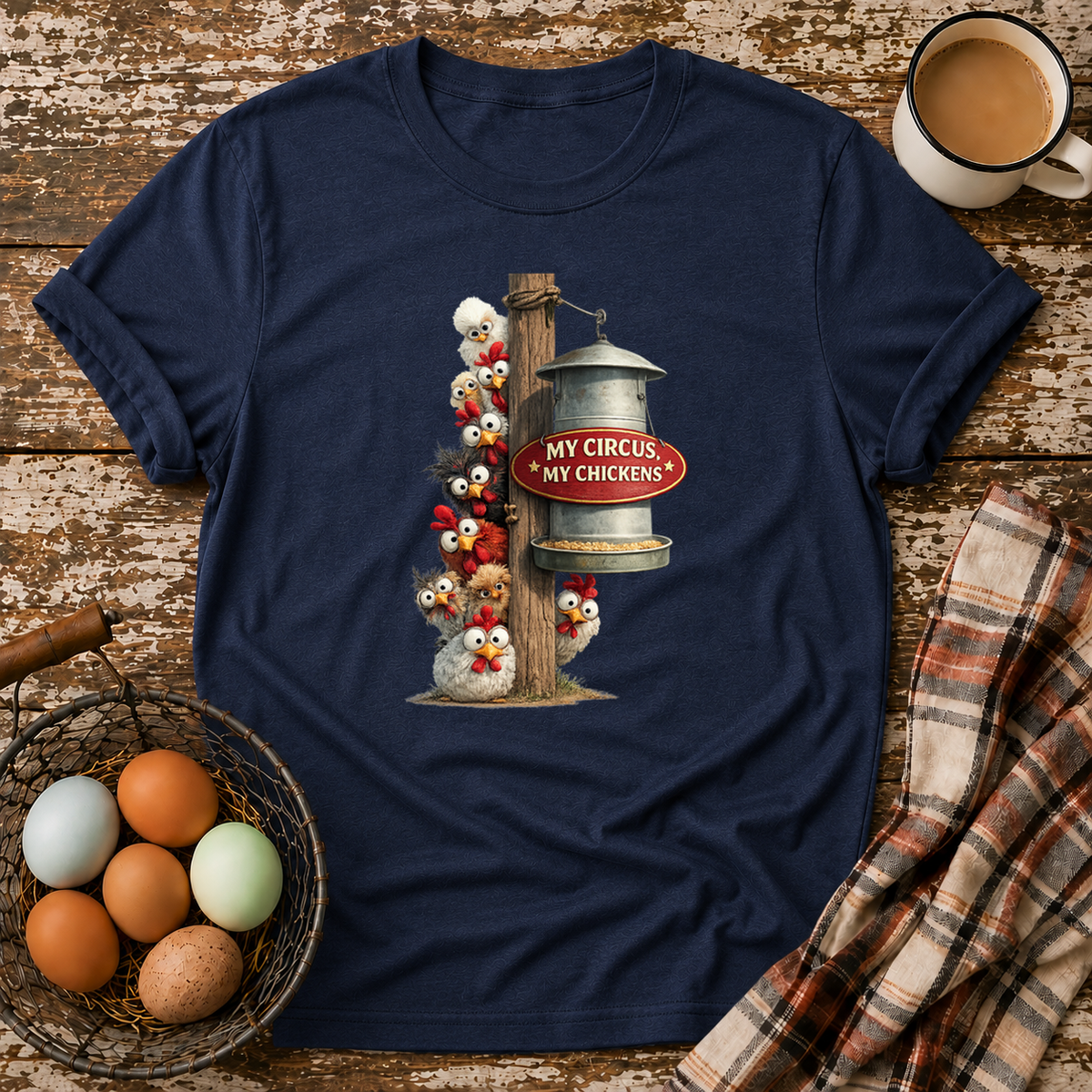 My Circus My Chickens T-Shirt in Navy on Shady Hen Mercantile Evergreen mockup