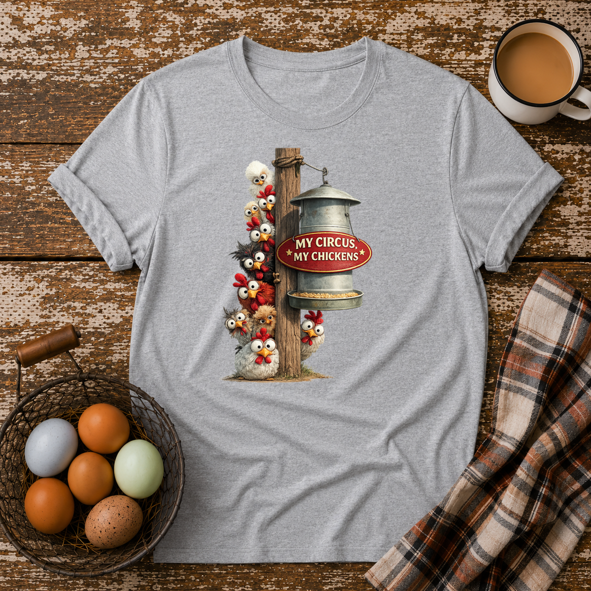 My Circus My Chickens T-Shirt in Sport Grey on Shady Hen Mercantile Evergreen mockup