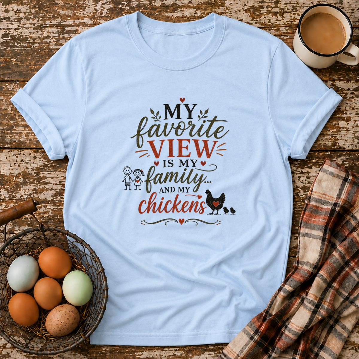My Favorite View T-Shirt in Light Blue on Shady Hen Mercantile Evergreen mockup