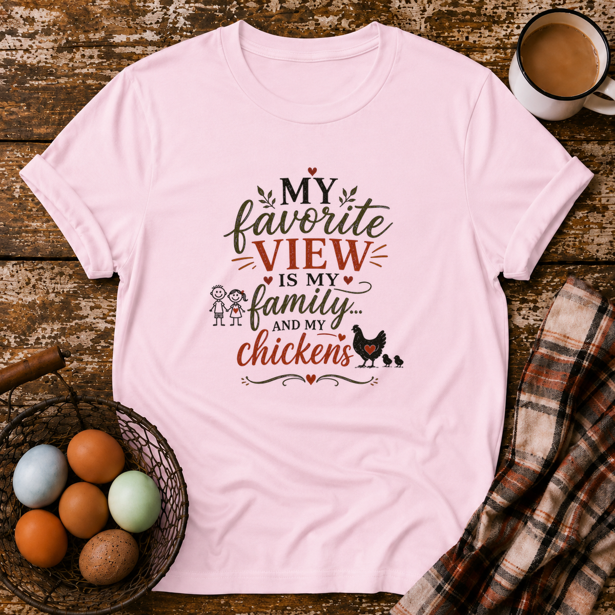 My Favorite View T-Shirt in Light Pink on Shady Hen Mercantile Evergreen mockup