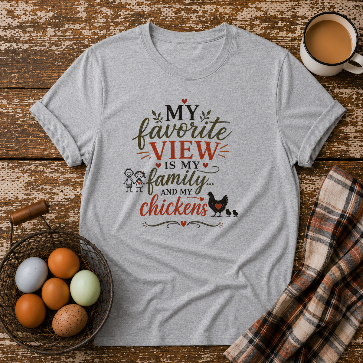 My Favorite View T-Shirt in Sport Grey on Shady Hen Mercantile Evergreen mockup