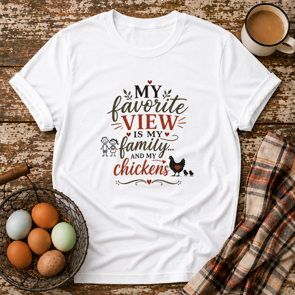 My Favorite View T-Shirt in White on Shady Hen Mercantile Evergreen mockup