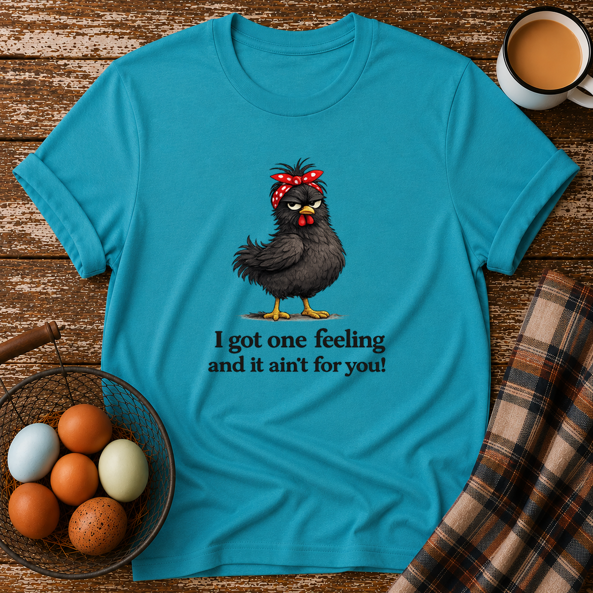 Only One Feeling T-Shirt in Tropical Blue on Shady Hen Mercantile Evergreen mockup