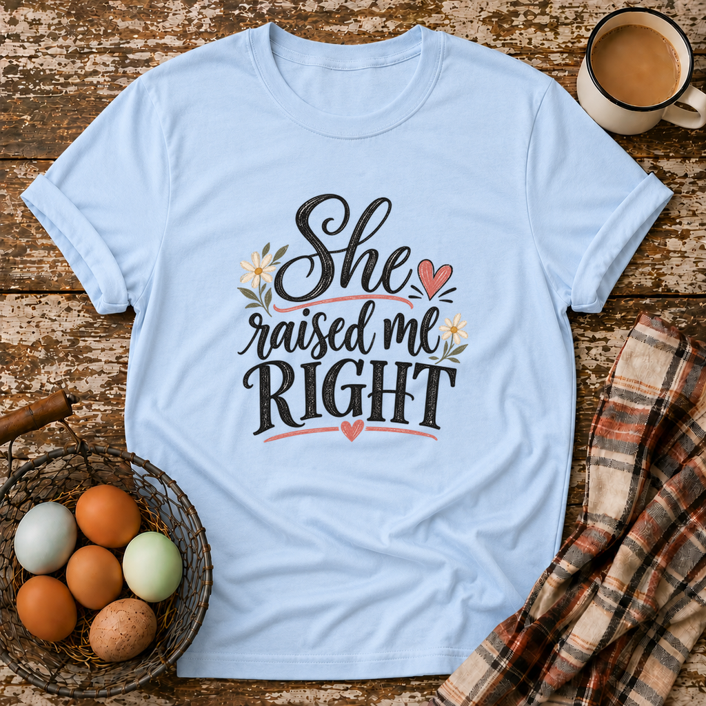 She Raised Me Right T-Shirt in Light Blue on Shady Hen Mercantile Evergreen mockup