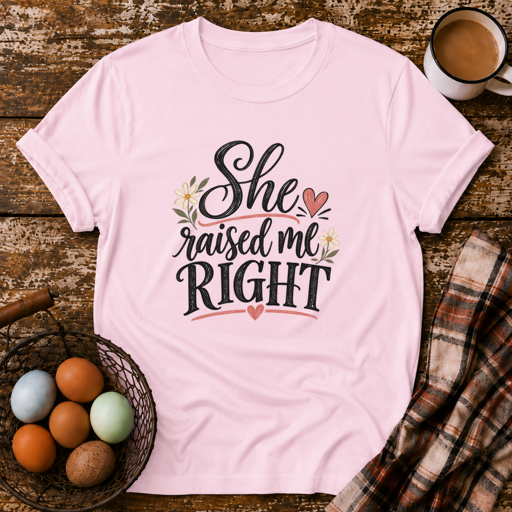 She Raised Me Right T-Shirt in Light Pink on Shady Hen Mercantile Evergreen mockup