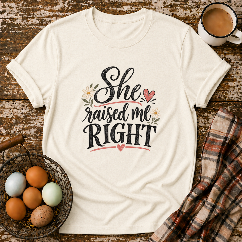 She Raised Me Right T-Shirt in Natural on Shady Hen Mercantile Evergreen mockup