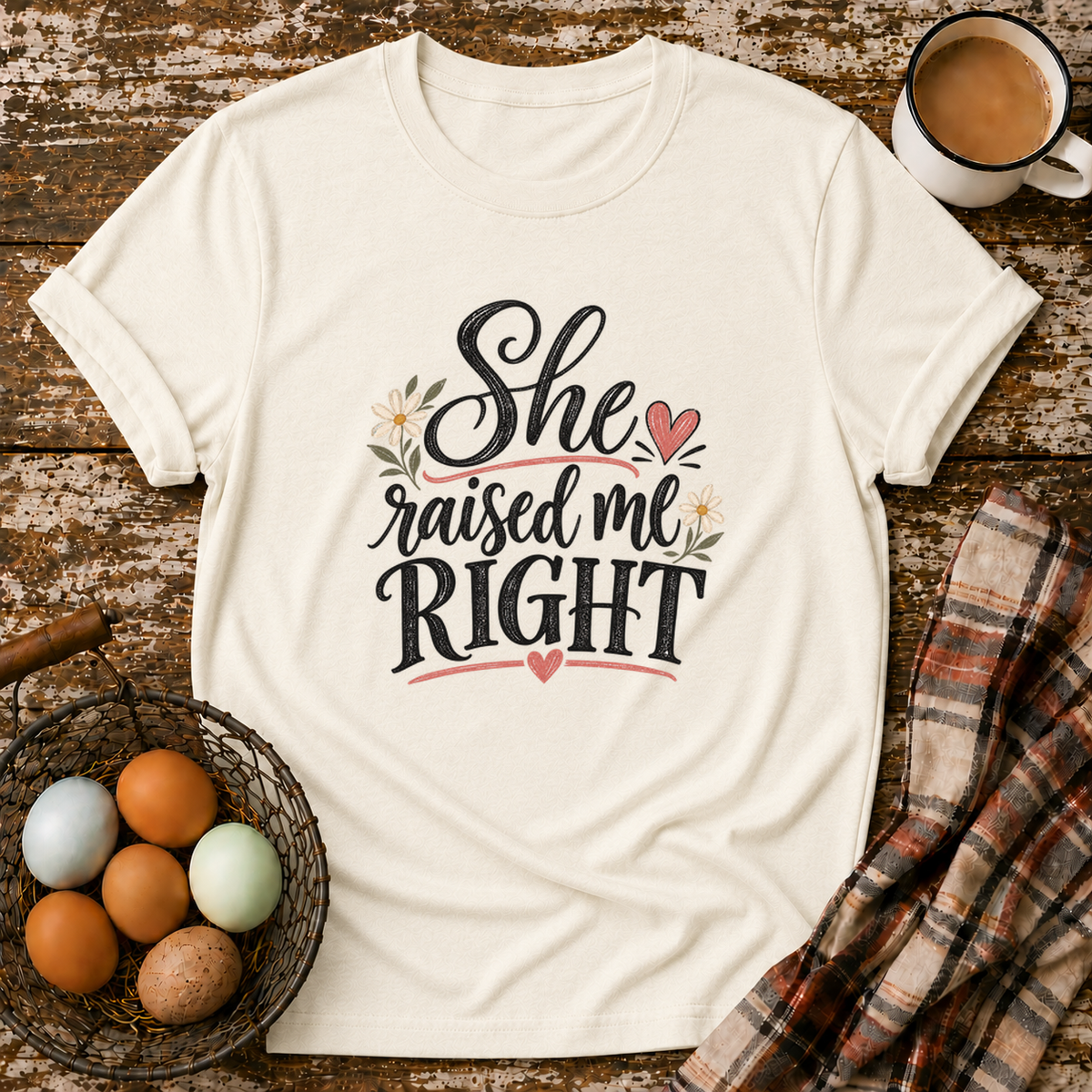 She Raised Me Right T-Shirt in Natural on Shady Hen Mercantile Evergreen mockup