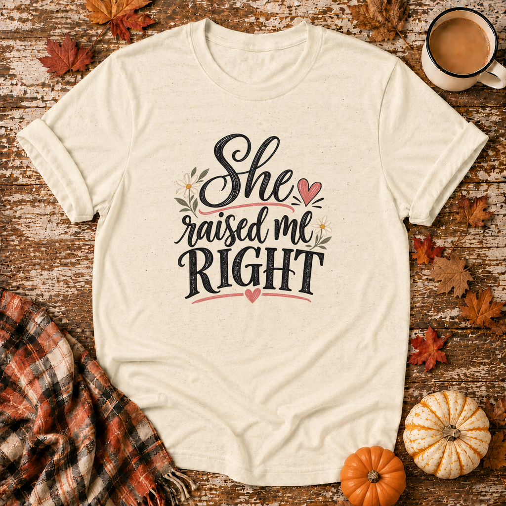 She Raised Me Right T-Shirt in Natural on Shady Hen Mercantile Fall mockup