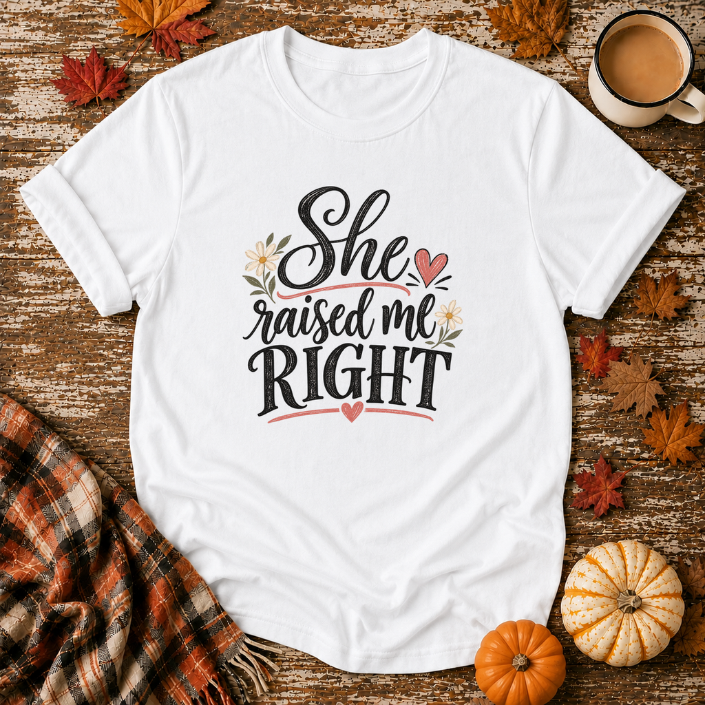She Raised Me Right T-Shirt in White on Shady Hen Mercantile Fall mockup