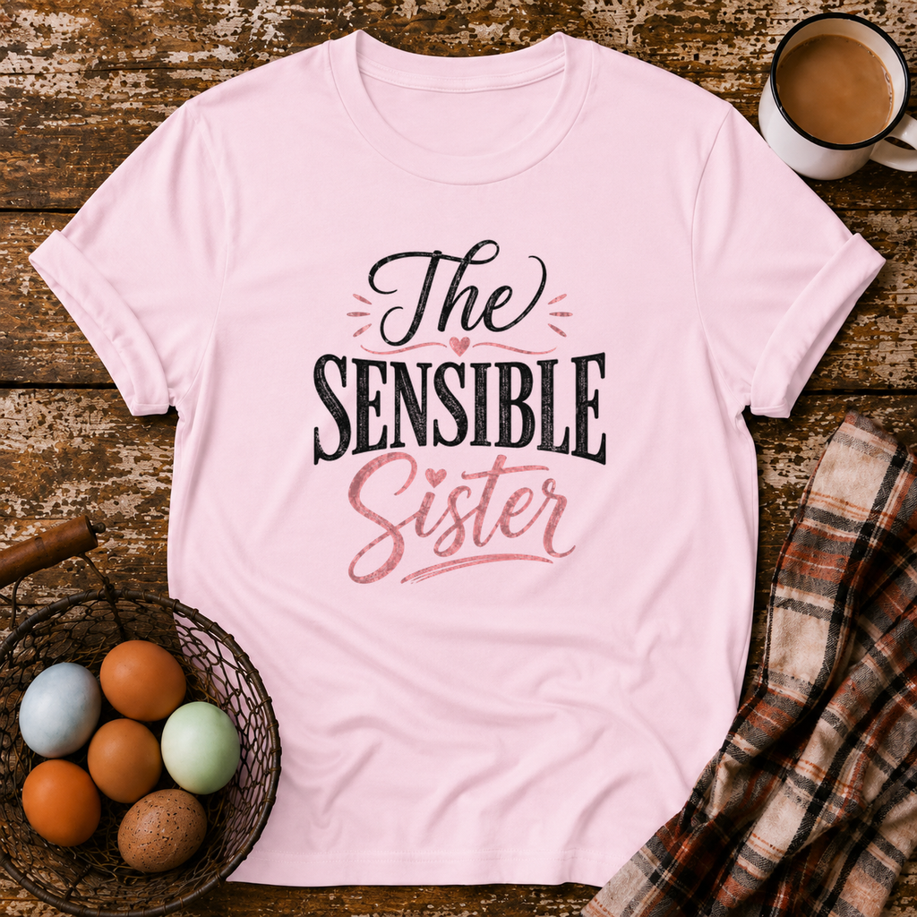 The Sensible Sister T-Shirt in Light Pink on Shady Hen Mercantile Evergreen mockup