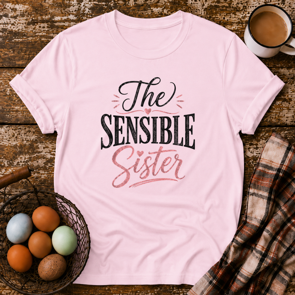 The Sensible Sister T-Shirt in Light Pink on Shady Hen Mercantile Evergreen mockup