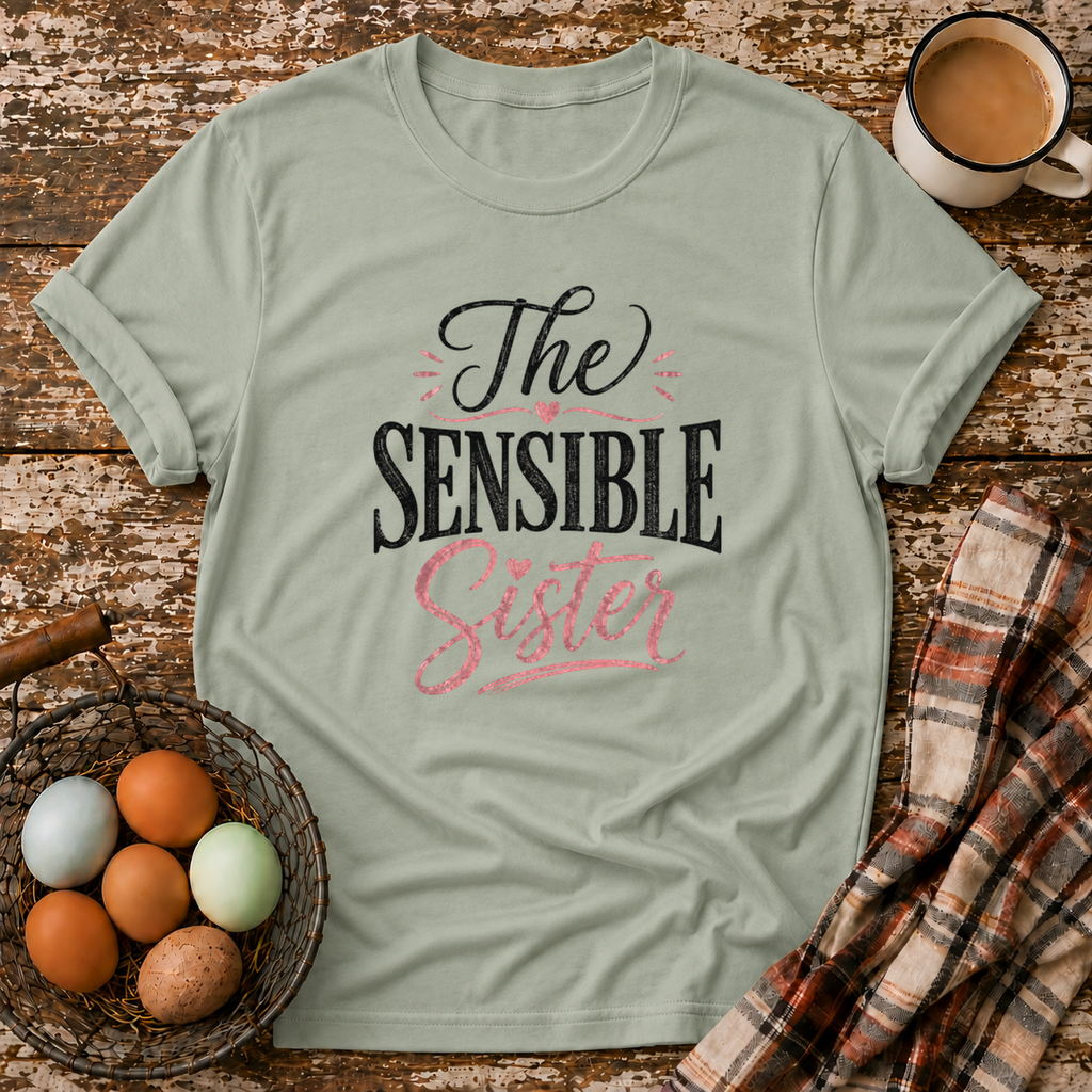 The Sensible Sister T-Shirt in Sage on Shady Hen Mercantile Evergreen mockup