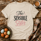 The Sensible Sister T-Shirt in Sand on Shady Hen Mercantile Evergreen mockup