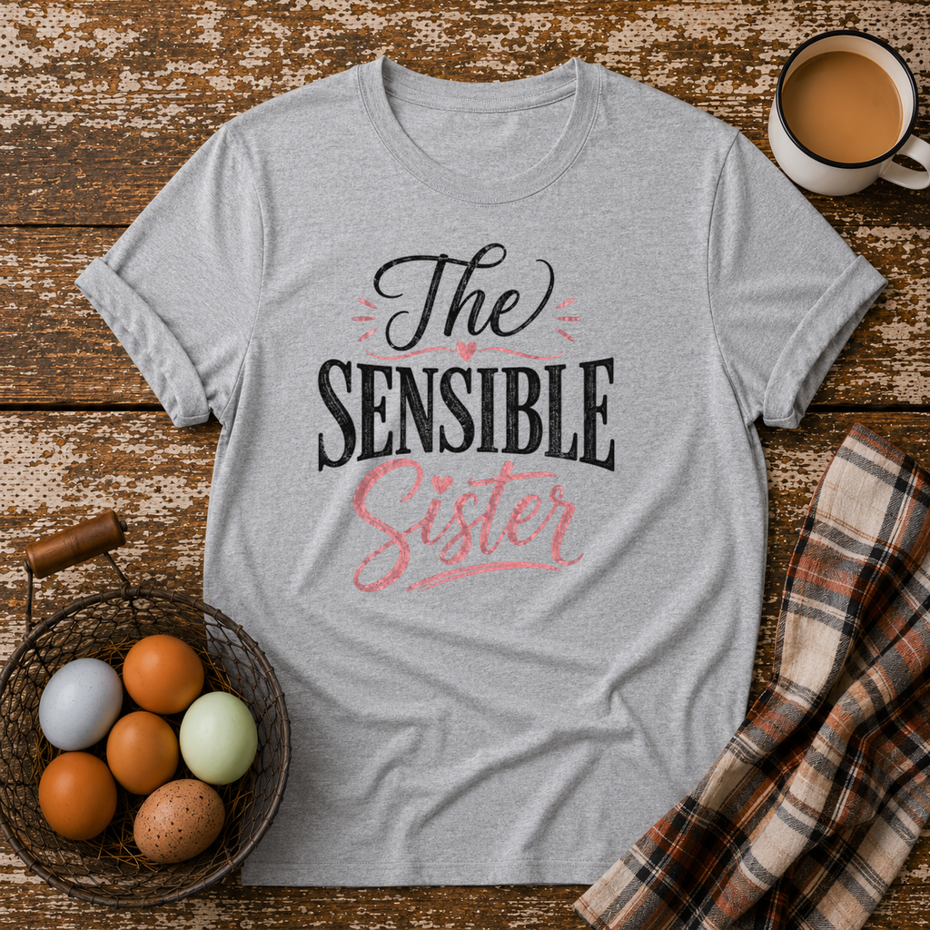 The Sensible Sister T-Shirt in Sport Grey on Shady Hen Mercantile Evergreen mockup