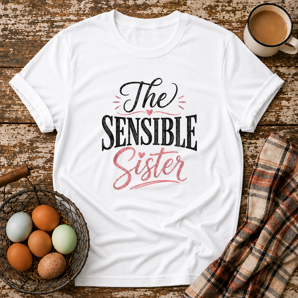 The Sensible Sister T-Shirt in White on Shady Hen Mercantile Evergreen mockup