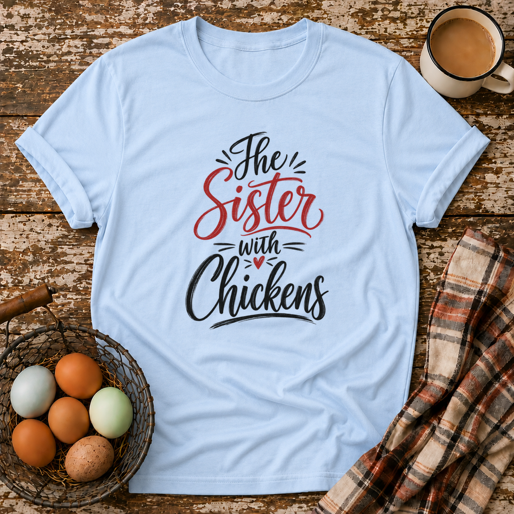 The Sister With Chickens T-Shirt in Light Blue on Shady Hen Mercantile Evergreen mockup