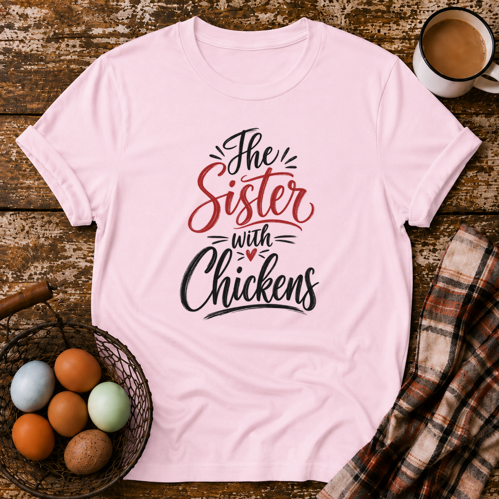The Sister With Chickens T-Shirt in Light Pink on Shady Hen Mercantile Evergreen mockup