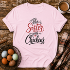 The Sister With Chickens T-Shirt in Light Pink on Shady Hen Mercantile Evergreen mockup