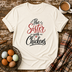 The Sister With Chickens T-Shirt in Natural on Shady Hen Mercantile Evergreen mockup