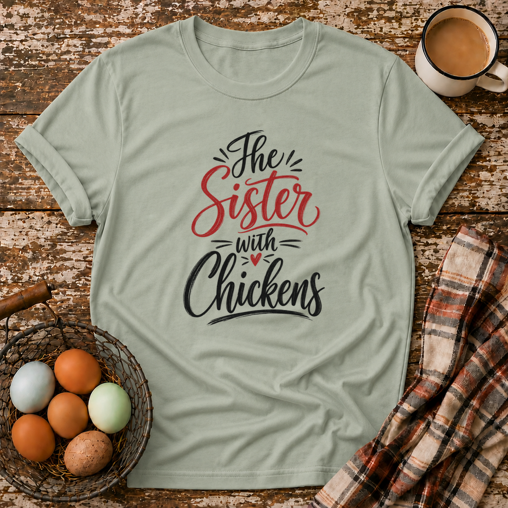 The Sister With Chickens T-Shirt in Sage on Shady Hen Mercantile Evergreen mockup