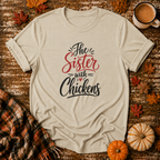 The Sister With Chickens T-Shirt in Sand on Shady Hen Mercantile Fall mockup