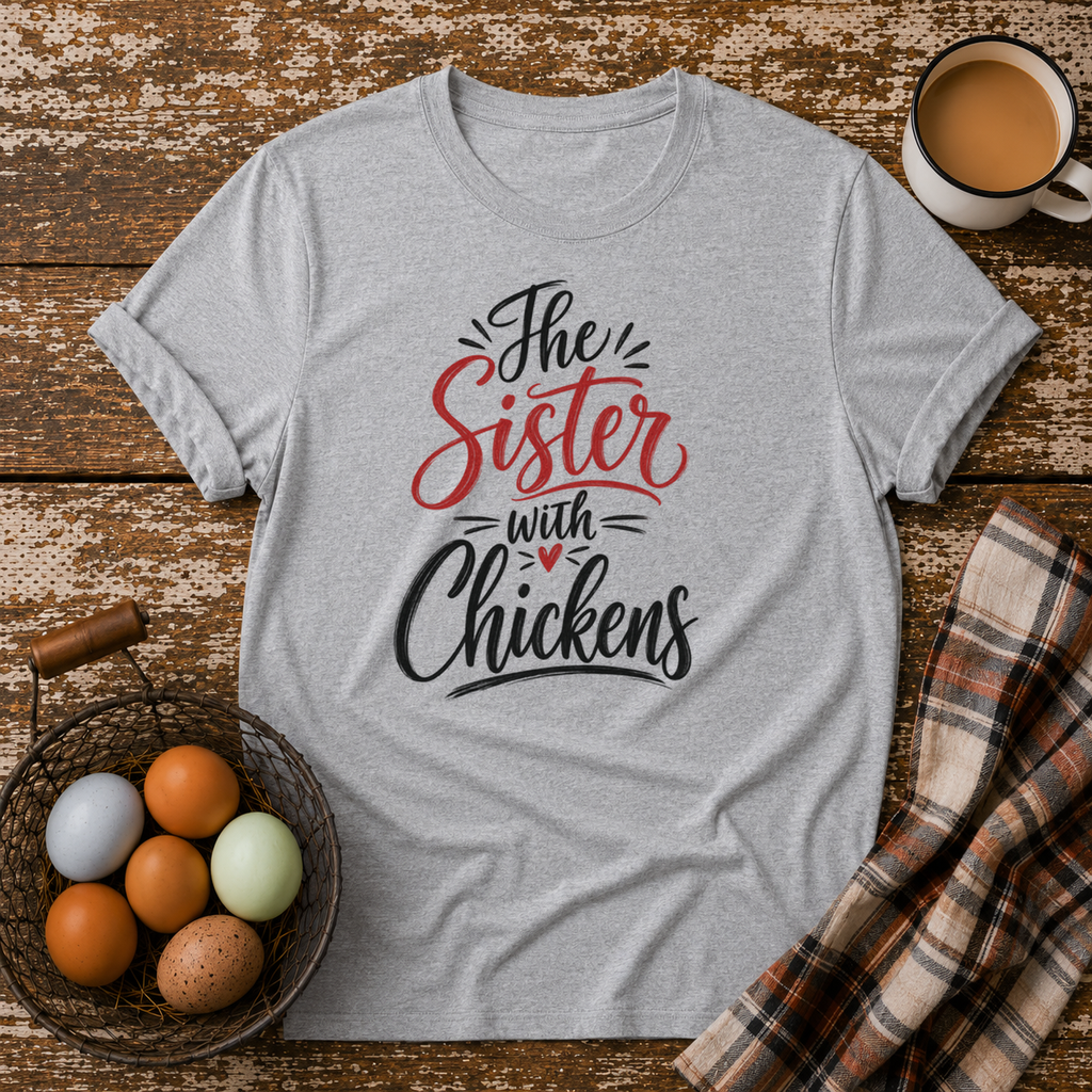 The Sister With Chickens T-Shirt in Sport Grey on Shady Hen Mercantile Evergreen mockup