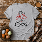 The Sister With Chickens T-Shirt in Sport Grey on Shady Hen Mercantile Evergreen mockup