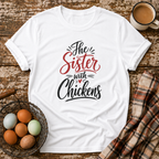 The Sister With Chickens T-Shirt in White on Shady Hen Mercantile Evergreen mockup