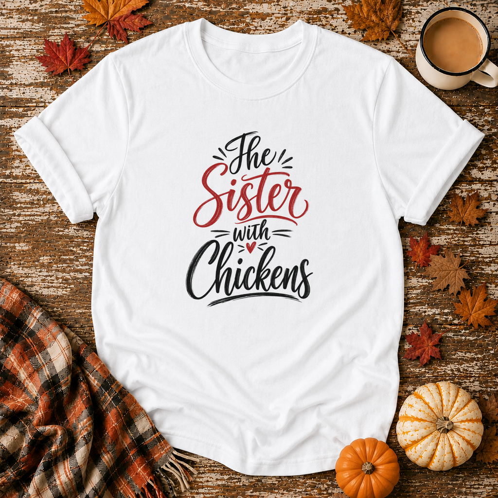 The Sister With Chickens T-Shirt in White on Shady Hen Mercantile Fall mockup