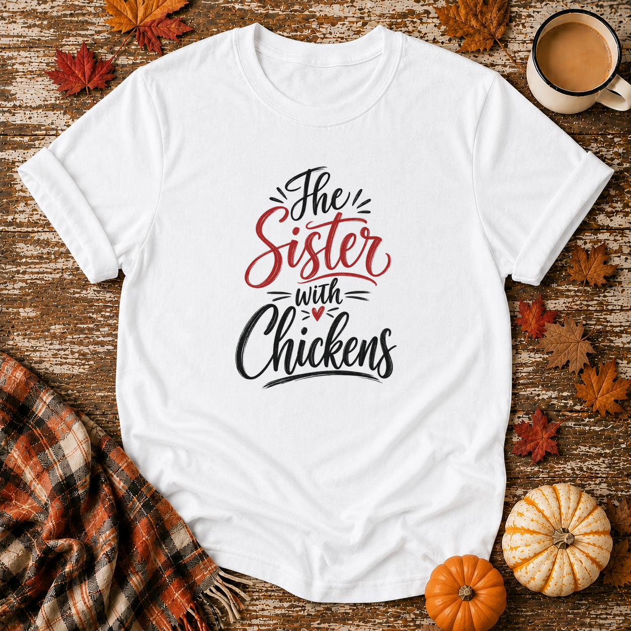 The Sister With Chickens T-Shirt in White on Shady Hen Mercantile Fall mockup