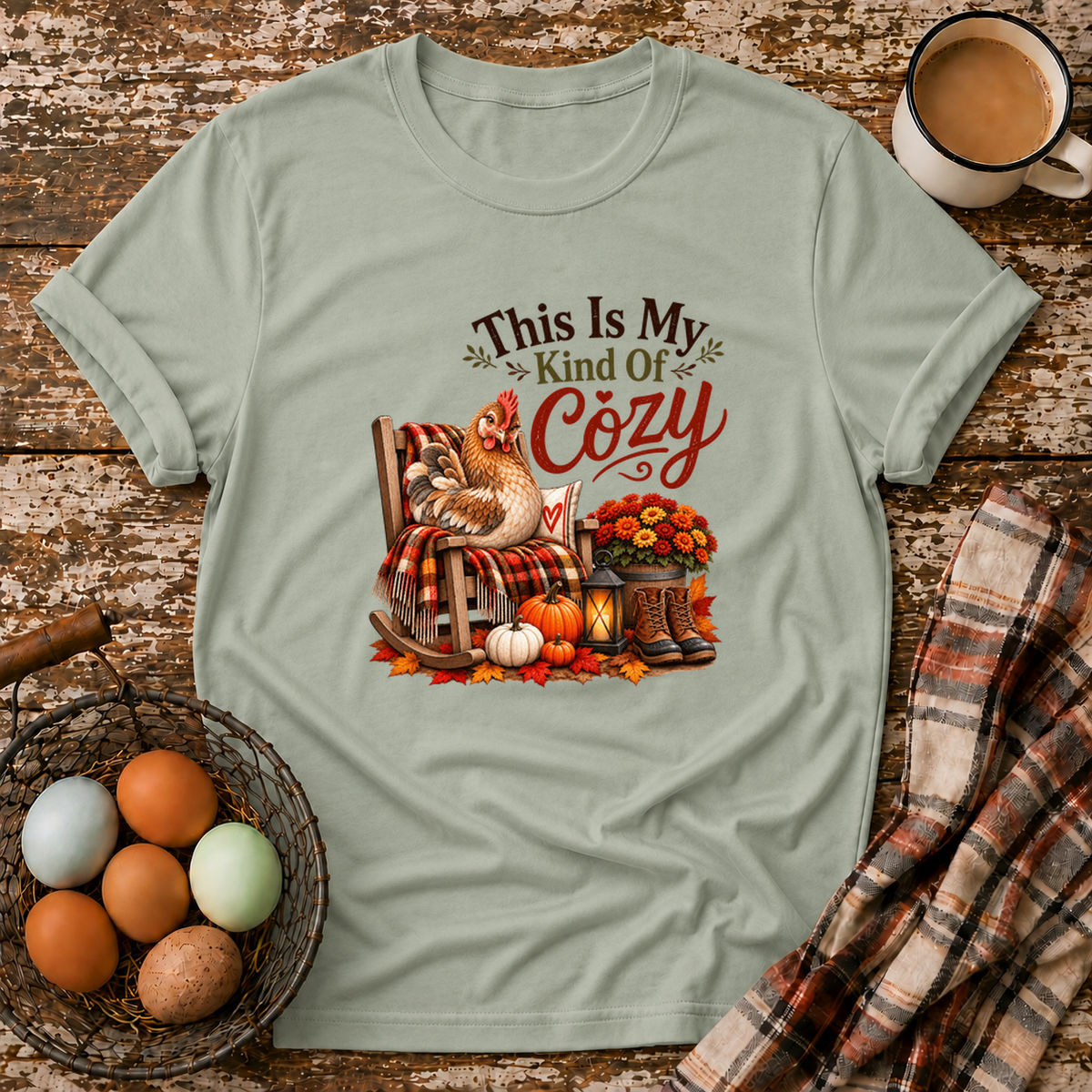 This Is My Kind of Cozy T-Shirt in Sage on Shady Hen Mercantile Evergreen mockup