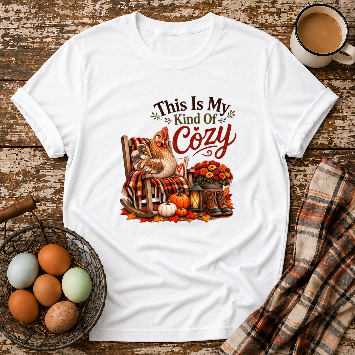 This Is My Kind of Cozy T-Shirt in White on Shady Hen Mercantile Evergreen mockup